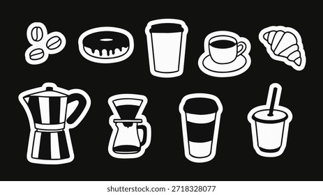 Set of hand drawn coffee illustrations. Coffee cups, coffee beans, croissant, donut, coffee maker in black and white color