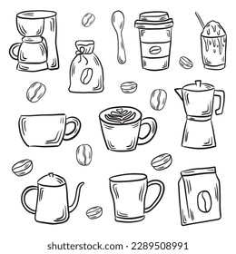 Set of hand drawn coffee line doodle coffee shop or cafe decoration