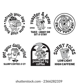 Set of hand drawn coffee mascot badges cartoon illustration