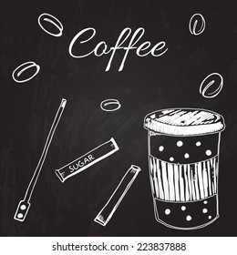 Set of hand drawn coffee paper cup, sugar sticks and beans. Vector drawing on the chalkboard.