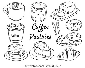 Set of hand drawn Coffee and pastries outline drawing doodle illustration