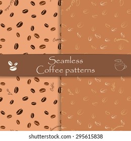 Set of hand drawn coffee patterns. Unique seamless patterns for cafes, websites, scrapbook projects, wallpapers, textile and wrapping paper. 
