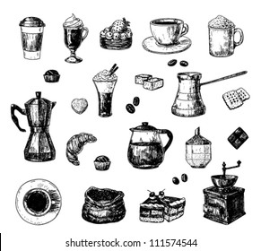 Set of hand drawn coffee related objects