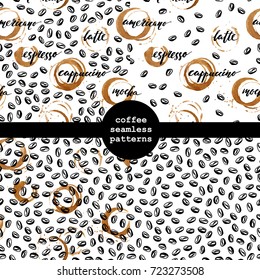 Set of hand drawn coffee seamless patterns. Black beans, coffee cup prints, ink lettering. For menu design and drinks background.