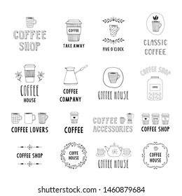 Set of hand drawn coffee shop and cafe emblem. Vector isolated illustration.