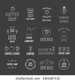 Set of hand drawn coffee shop and cafe emblem. Vector chalkboard isolated illustration.