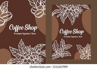 Set Hand Drawn Coffee Shop Beans Cup with Branch Background illustration