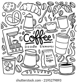 Set of hand drawn coffee shop theme isolated on white background, doodle set for coffee and bakery for cafe menu, including supply item and equipment. Vector illustration