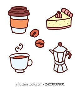 set of hand drawn coffee shop elements, coffee and piece of cake illustration