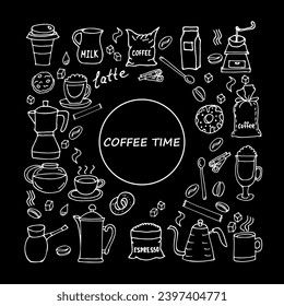 Set of hand drawn coffee sketches: drinks, cups, snacks, coffee utensils on a black background. Monochrome vector illustration for cards, menus and decorations.