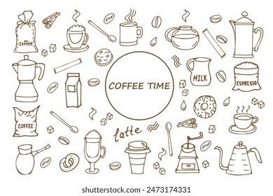 Set of hand drawn coffee sketches in brown color. Drawings of drinks, cups, snacks and coffeeware. Monochrome vector illustration for cards, menus and decorations.