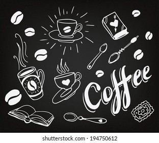 Set of hand drawn coffee theme elements, vector illustration