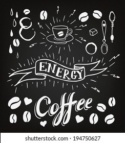 Set of hand drawn coffee theme elements, vector illustration
