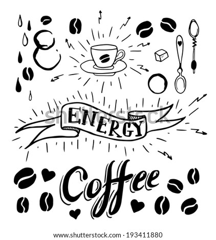 Set of hand drawn coffee theme elements, vector illustration