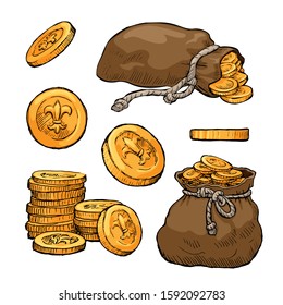 Set of hand drawn coins isolated on white background. Golden coins stack and full bag icons for game design
