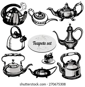 Set of hand drawn collection of different black and white teapots