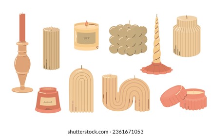 Conjunto de colección dibujada a mano con velas de tendencia de diferentes formas. Se ponen velas de candelabros y velas de aroma. Ilustración vectorial plana.