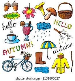 Set of hand drawn color autumn icons. Cute doodle design elements. Color vector illustration isolated on white background