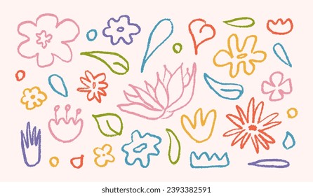Set hand drawn in color brush linear flowers. Abstract modern background with plants