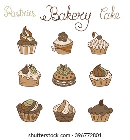 Set of Hand drawn color cakes. Can use for design wrapping paper packaging, scrap-booking, sites and cafe menu