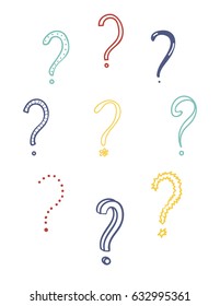 Set of hand drawn color doodle question marks. Vector illustration.