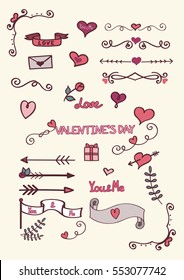Set of hand drawn color doodles for Valentine's Day. Vector illustration.