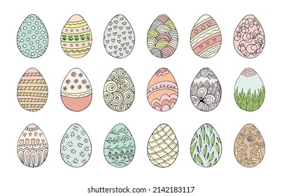 Set hand drawn color easter eggs with decoration. Doodle vector illustration