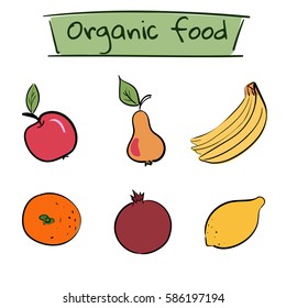 Set of hand drawn color fruit icons. Healthy organic diet. Vector illustration