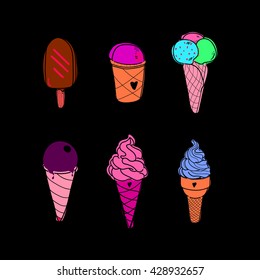 Set of hand drawn color ice cream on black background, doodle isolated summer element, good for food design, print and dessert menu, Eps 8