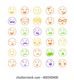 Set of hand drawn color lines smiles. Vector elements for emotion, internet web icons.