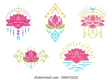 Set of hand drawn color lotus flower with sacred geometry elements. Modern art composition for design prints, covers, tattoo. Vector illustration.