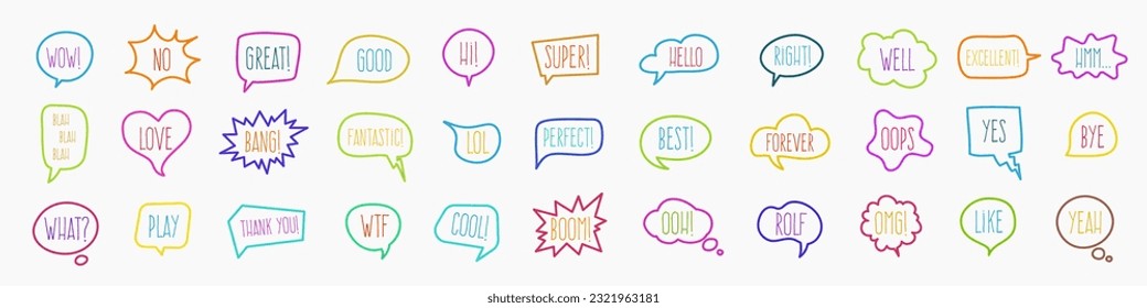 Set of hand drawn color speech bubbles different shapes with various short phrases for emotional comments or communication talks. Collection cute doodle talk words. Vector elements.