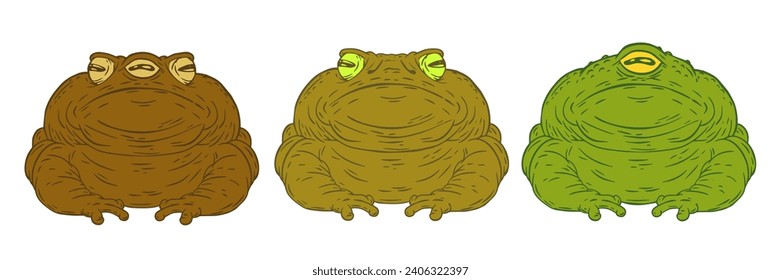 Set hand drawn color toads with one, two and three eyes isolated on white background. Cartoon vector illustration.