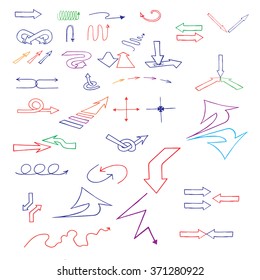 Set of hand drawn colored arrows. Vector illustration.
