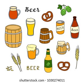 Set of hand drawn colored beer in mug, bottle, can and wooden keg isolated on white background.