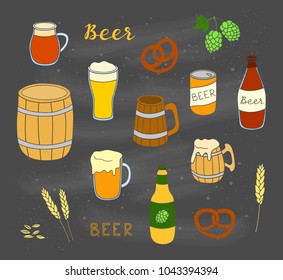 Set of hand drawn colored beer in mug, bottle, can and wooden keg isolated on chalkboard background.