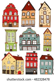 Set of hand drawn colored buildings  with columns arched windows roofs of different shape isolated vector illustration