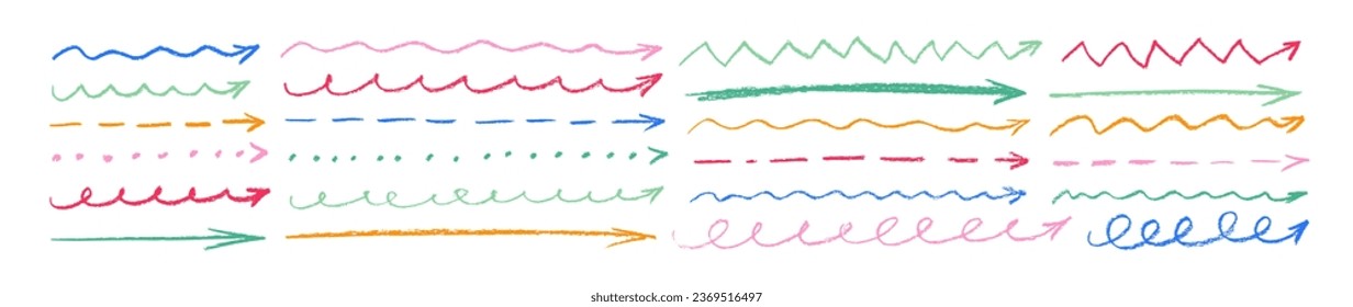Set of hand drawn colored charcoal thin long arrows. Horizontal vector arrows collection. Crayon or pencil underlines. Doodle marker drawing. Hand drawn diagrams, mind maps and communication.