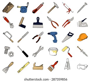 Set of hand drawn colored construction tools.