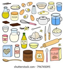 Set Of Hand Drawn Colored Cooking, Baking Ingredients Isolated On White Background.