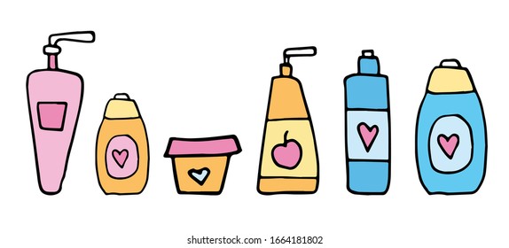 Set of hand drawn colored cosmetic bottles. Black stroke, simple line. Vector illustration isolated on white background. Bottle with liquid soap and dispenser. Jar for lotion, balm or cream.