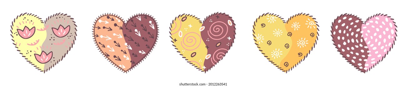 Set of hand drawn colored cute hearts, which are decorated with a pattern and stitches. Design elements isolated on white background.