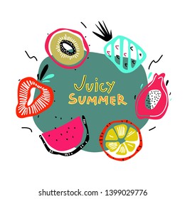 Set of hand drawn colored exotic fruits. Flat Vector Clipart with paper cut effect. Collection of design elements for summer banners, cards, textiles in doodle style.