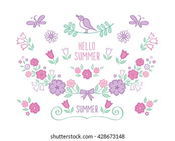 Set of hand drawn colored  floral elements. Hello summer. Elements for mother's day, birthday, wedding, easter. Doodles, sketch. Vector.