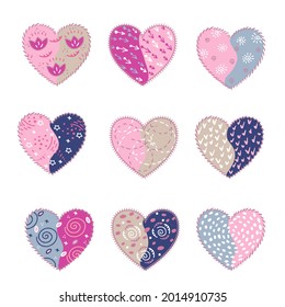 Set of hand drawn colored hearts, which are decorated with a pattern and stitches. Design elements isolated on gray background.