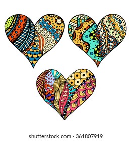 Set Hand drawn colored hearts in zentangle style. Pattern for coloring book. Coloring page for adult anti stress. Made by trace from sketch. Valentine's day background.