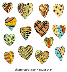 Set Hand drawn colored hearts in zentangle style. Pattern for coloring book. Coloring page for adult anti stress. Made by trace from sketch. Valentine's day background.