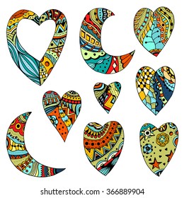 Set Hand drawn colored hearts and crescent in zentangle style. Pattern for coloring book. Coloring page for adult anti stress. Made by trace from sketch. Valentine's day background.