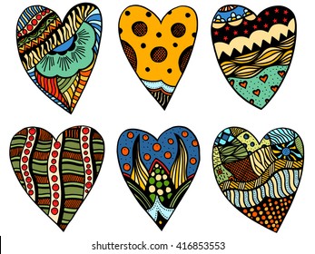 Set Hand drawn colored hearts in zentangle style. Pattern for coloring book. Coloring page for adult anti stress. Made by trace from sketch. Valentine's day background.