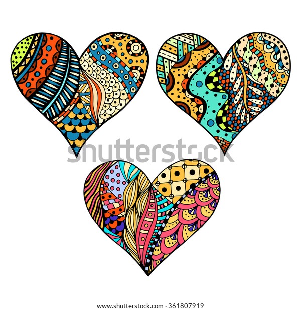 Set Hand Drawn Colored Hearts Zentangle Stock Vector (Royalty Free ...